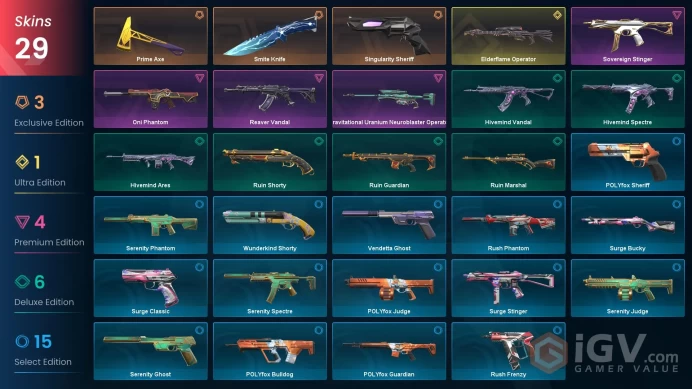 EU Full Access | 29 Skins Prime Axe+Reaver Vandal+Oni Phantom+Singularity Sheriff+Smite Knife+Elderflame Operator+more