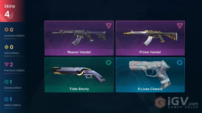 EU Full Access | 4 Skins Prime Vandal + Reaver Vandal + Tilde Shorty + 9 Lives Classic | Bronze 3 Last Rank