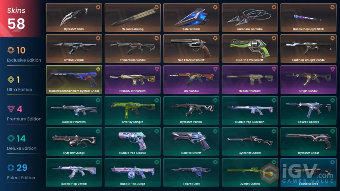NA / 58 skins / Kuronami no Yaiba / Primordium Vandal / Recon Phantom / Neo Frontier Sheriff / V29