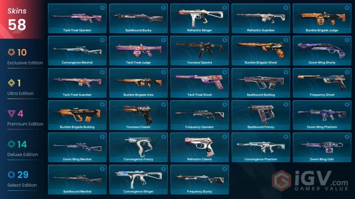 NA / 58 skins / Kuronami no Yaiba / Primordium Vandal / Recon Phantom / Neo Frontier Sheriff / V29