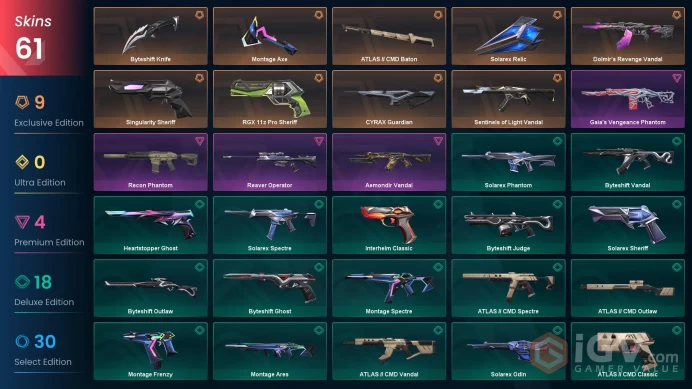 EU 61 skins | Montage Axe | ATLAS // CMD Baton | Sentinels of Light Vandal | Solarex Relic | Dolmir's Revenge Vandal | V0328
