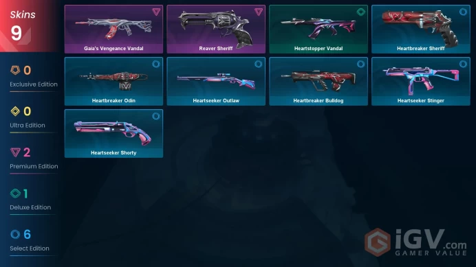 EU | 9 skins | Gaia's Vengeance Vandal | Reaver Sheriff | Heartstopper Vandal | Heartbreaker Sheriff | Heartseeker Shorty | D9901