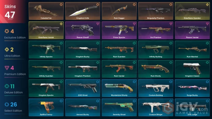 EU-Turkey 47 Skins EPISODE 1: ACT III Radiant / Ruin Dagger Celestial Fan Elderflame Vandal Elderflame OperatorSingularity Phantom #1042389 