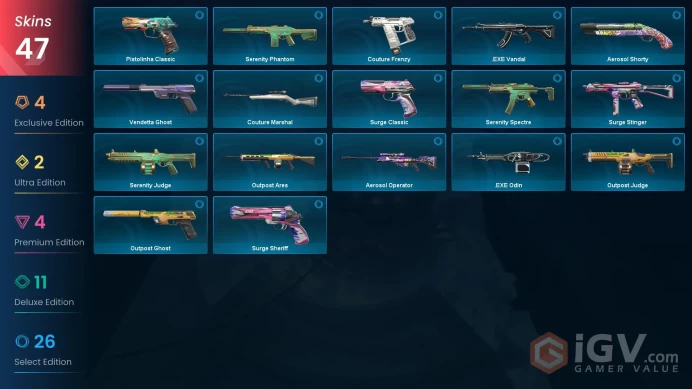 EU-Turkey 47 Skins EPISODE 1: ACT III Radiant / Ruin Dagger Celestial Fan Elderflame Vandal Elderflame OperatorSingularity Phantom #1042389 