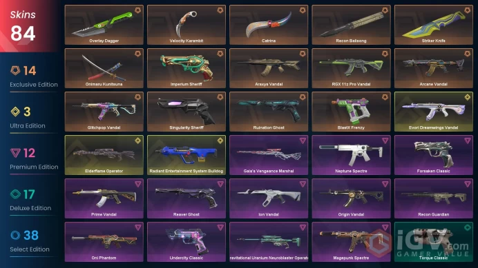 EU / 84 skins / Recon Balisong / Onimaru Kunitsuna / Singularity Sheriff / Araxys Vandal / Prime Vandal / RGX 11z Pro Vandal / V30
