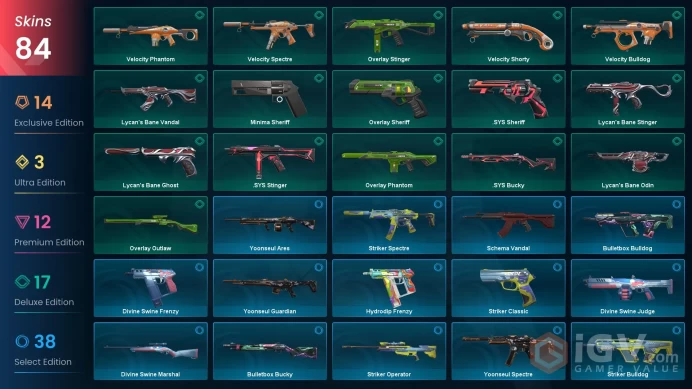 EU / 84 skins / Recon Balisong / Onimaru Kunitsuna / Singularity Sheriff / Araxys Vandal / Prime Vandal / RGX 11z Pro Vandal / V30