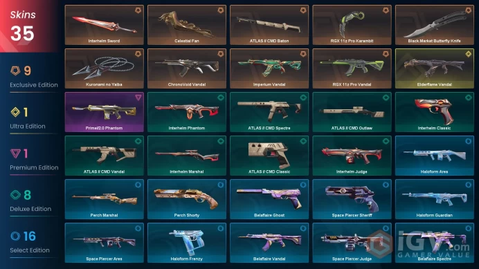 EU - LVL 83 - Unranked - 6 Knives - 35 Skins (~27,575 VP) Elderflame Vandal, CMD Baton, Black.Market Butterfly Knife, Interhelm Sword, Kuronami 