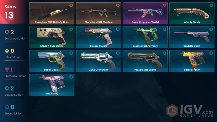 EU - LVL 157 - Unranked - 1 Knife - 13 Skins (~9,800 VP) Champions 2022 Butterfly Knife, Champions 2022 Phantom, Gaia's Vengeance Vandal