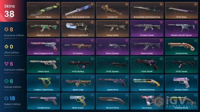 NA - LVL 172 - Unranked - 5 Knifes - 38 Skins (~32,975 VP) RGX 11z Pro Blade, Yoru's Stylish Butterfly Comb, Imperium Vandal, Broken Blade of th