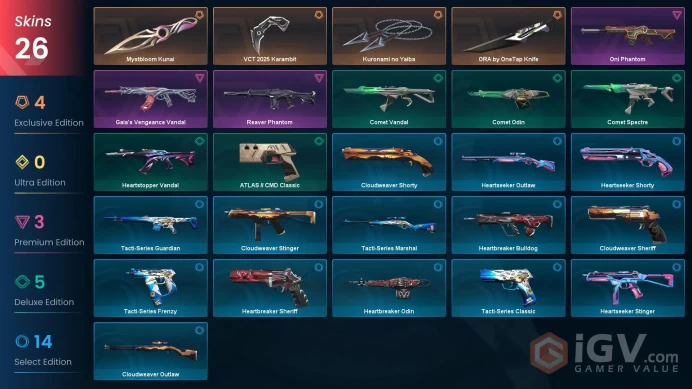 EU - LVL 47 - Unranked - 4 Knifes - 26 Skins (~19,975 VP) ORA by OneTap Knife, VCT 2025 Karambit, Kuronami no Yaiba, Mystbloom Kunai, Gaia's Ven