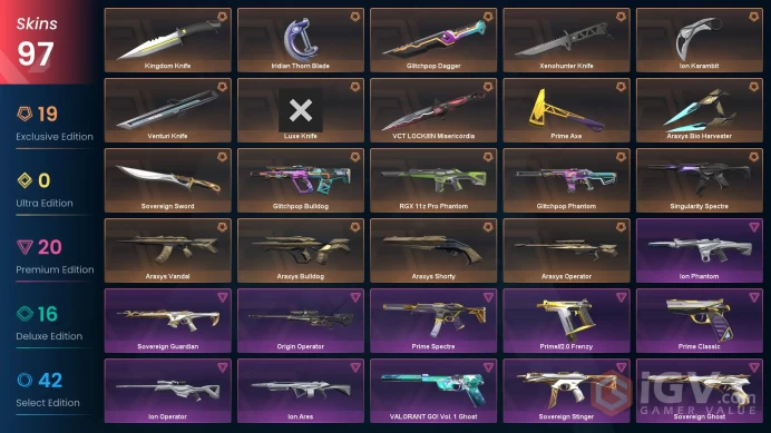 NA - LVL 133 - Unranked - 11 Knifes - 97 Skins (~89,915 VP) Prime Axe, Xenohunter Knife, Ion Karambit, Araxys Bio Harvester, Glitchpop Dagger, V
