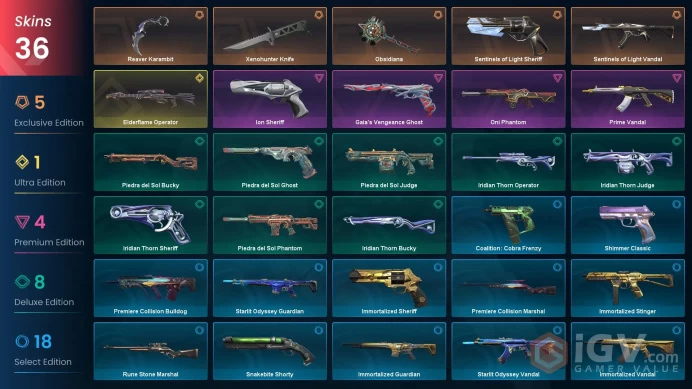 EU - LVL 81 - Unranked - 3 Knifes - 36 Skins (~21,825 VP) Xenohunter Knife, Reaver Karambit, Obsidiana, Sentinels of Light Vandal, Oni Phantom