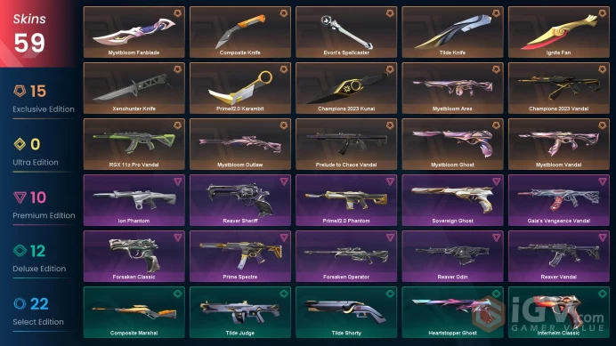 EU/TR - 23 Premium Skins-Champions 2023 Set-Ignite Fan-Champions 2023 Kunai-Evori's Spellcaster-Xenohunter Knife-Mystbloom Fanblade /Full Access