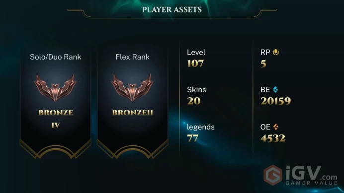  LAN  19 SKINS  BRONZE 4  77 CHAMPIONS  107 LEVEL  INSTANT DELIVERY  FULL ACCESS  FEhVL 