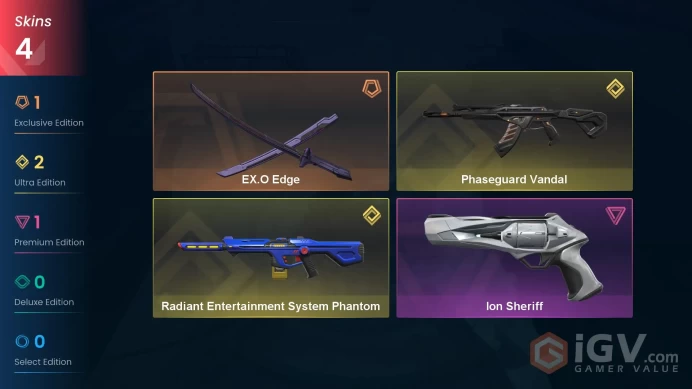 Eu-Europe | EX.O Edge | Phaseguard Vandal | Radiant Entertainment System Phantom | Ion Sheriff | 4 Skins | Level 20 | Full Acc