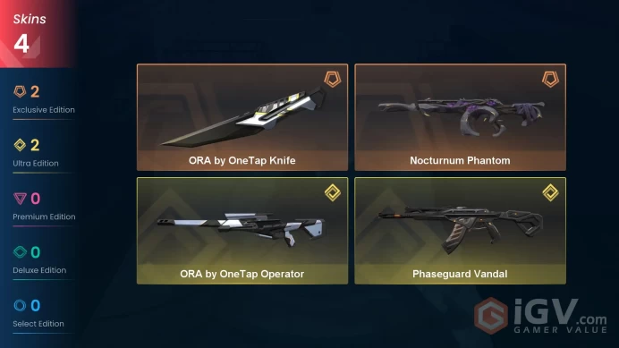Eu-Europe | ORA by OneTap Knife | Phaseguard Vandal | Nocturnum Phantom | ORA by OneTap Operator | 4 Skins | Level 20 | Full Acc