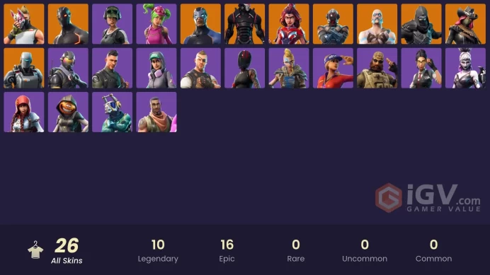 25 skins | Trailblazer | Reaper | Omega (stage 5) | Rogue Agent | Valor | Enforcer | Calamity | Drift | A.I.M. | The Visitor | Ragnarok