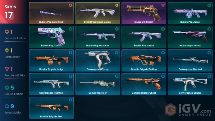 EU 17 skins | Evori Dreamwings Vandal | Bubble Pop Light Stick | Magepunk Sheriff | Bubble Pop Classic | Heartstopper Ghost | V0358