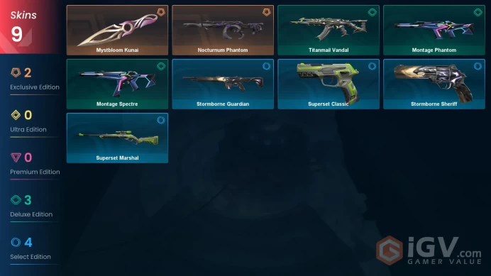 EU 9 skins | Mystbloom Kunai | Nocturnum Phantom | Montage Phantom | Montage Spectre | Titanmail Vandal | Stormborne Sheriff | V0417