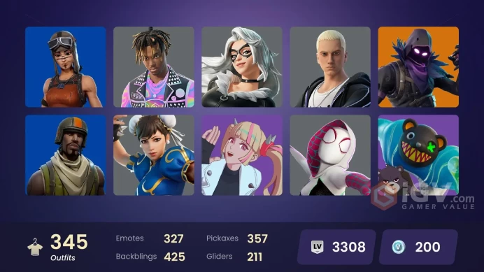 [ALL PLATFORMS]-345 Skin-357 Pickaxes-326 Emotes-Renegade Raider-Black Cat-Ravemello-Catwoman-Juice WRLD-Chun-Li-Aerial Assault Trooper-