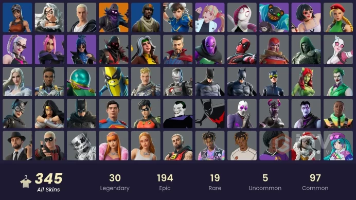 [ALL PLATFORMS]-345 Skin-357 Pickaxes-326 Emotes-Renegade Raider-Black Cat-Ravemello-Catwoman-Juice WRLD-Chun-Li-Aerial Assault Trooper-
