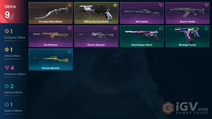 EU 9 skins | ORA by OneTap Sheriff | Forsaken Ritual Blade | Oni Phantom | Reaver Vandal | Bolt Outlaw | Reaver Operator | V0419
