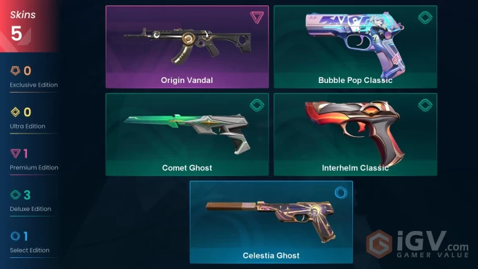 EU 5 skins | Origin Vandal | Bubble Pop Classic | Interhelm Classic | Comet Ghost | Celestia Ghost | V0374
