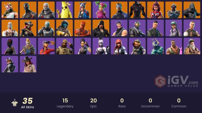 34 skins | Havoc | Ride The Pony | Mako | Snowflake | Omega (stage 5) | Sub Commander | Rogue Agent | Calamity | Drift | Carbide | Hybrid