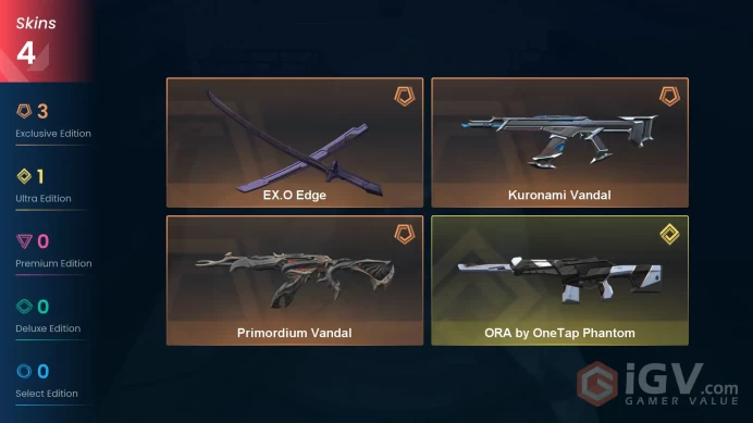 Na-Usa-Can | EX.O Edge | Kuronami Vandal | ORA by OneTap Phantom | Primordium Vandal | 4 Skins | Level 20 | Full Acc
