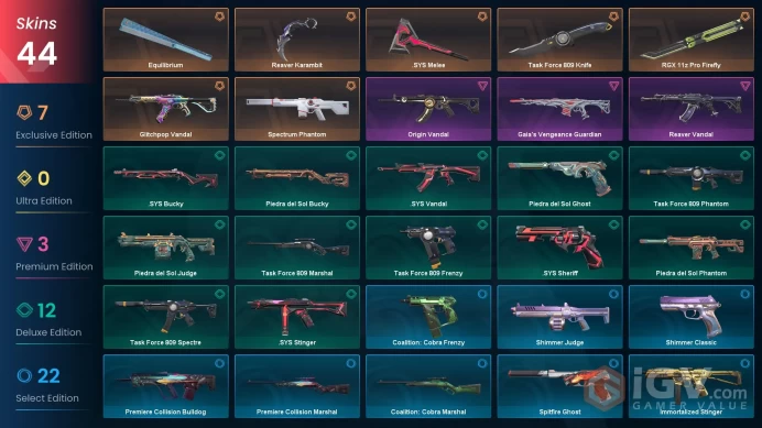 EU / 44 skins / Reaver Karambit / RGX 11z Pro Firefly / Glitchpop Vandal / Reaver Vandal / Origin Vandal / V31