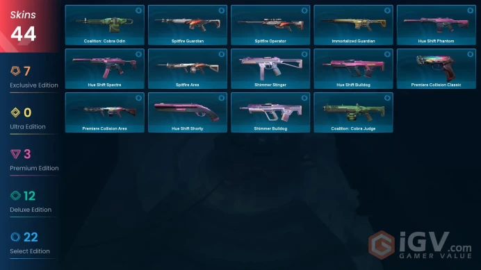 EU / 44 skins / Reaver Karambit / RGX 11z Pro Firefly / Glitchpop Vandal / Reaver Vandal / Origin Vandal / V31