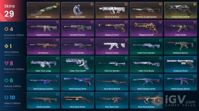 EU / 29 skins / RGX 11z Pro Blade / Protocol 781-A Sheriff / Oni Phantom / Origin Vandal / Neptune Vandal / V34