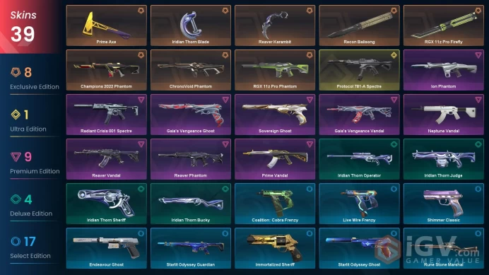 EU / 39 skins / Reaver Karambit / RGX 11z Pro Firefly / Champions 2022 Phantom / Gaia's Vengeance Vandal / Recon Balisong / V33