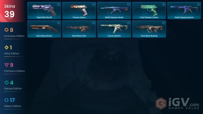 EU / 39 skins / Reaver Karambit / RGX 11z Pro Firefly / Champions 2022 Phantom / Gaia's Vengeance Vandal / Recon Balisong / V33