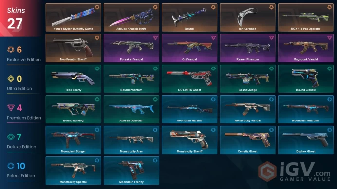50 EU Region&V25 ACT5 ASCII &Yoru Comb-Ion Karambit-Reaver Phantom-RGX Operator-Oni Vandal-Magepunk Vandal-Forsaken Vandal