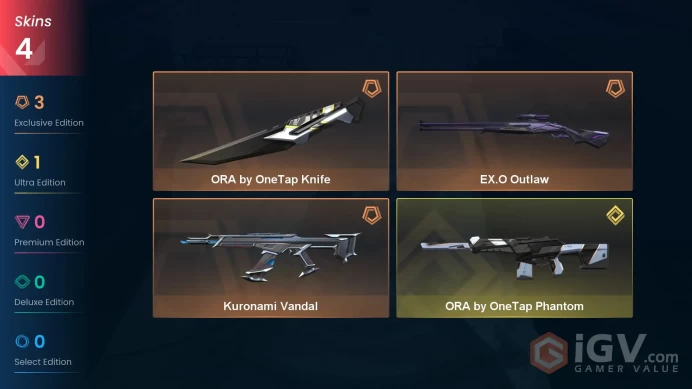 Na-Usa-Can | ORA by OneTap Knife | Kuronami Vandal | ORA by OneTap Phantom | EX.O Outlaw | 4 Skins | Level 20 | Full Acc