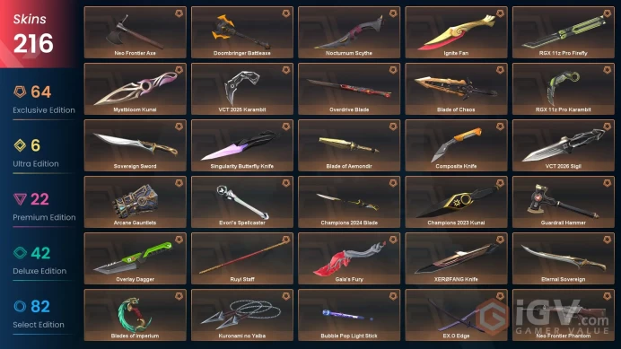 AP/MYS 249765 Ignite Fan VCT 2026 Sigil VCT 2025 Karambit Champions 2024 Bundle Champions 2023 Bundle Evori Dreamwings Bundle Evori's Spellcaste