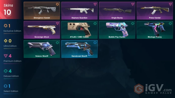 10 Skin // EU-TR // Divergence Vandal + Prime Vandal + Neptune Guardian + Origin Bucky + Sovereign Ghost // FULL Access // Valorant Best Skins
