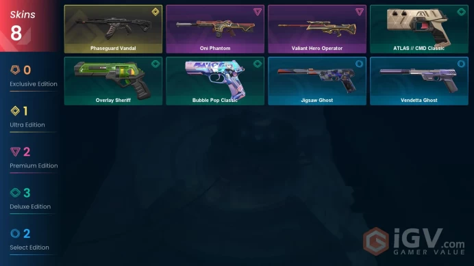 AP | 8 skins | Phaseguard Vandal | Oni Phantom | Valiant Hero Operator | Bubble Pop Classic | ATLAS // CMD Classic | Overlay Sheriff | A5675