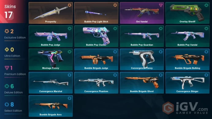EU | 17 skins | Bubble Pop Light Stick | Prosperity | Oni Vandal | Bubble Pop Guardian | Overlay Sheriff | Bubble Pop Judge | P4998