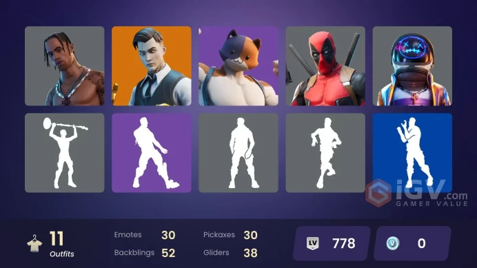 11 skins | Travis Scott | Astro Jack | Gold Midas | Gold Brutus | Gear Specialist Maya | Deadpool | Jersey KizunaAI | Meowscles | TNTina | Skye