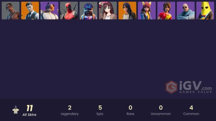 11 skins | Travis Scott | Astro Jack | Gold Midas | Gold Brutus | Gear Specialist Maya | Deadpool | Jersey KizunaAI | Meowscles | TNTina | Skye