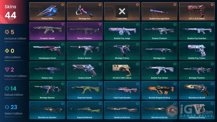 EU | 44 skins | Montage Axe | Bubble Pop Light Stick | Luxe Knife | Solarex Relic | Reaver Phantom | Forsaken Vandal | VCT x TLN Classic | G7903