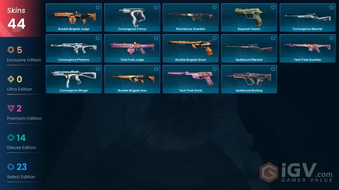 EU | 44 skins | Montage Axe | Bubble Pop Light Stick | Luxe Knife | Solarex Relic | Reaver Phantom | Forsaken Vandal | VCT x TLN Classic | G7903