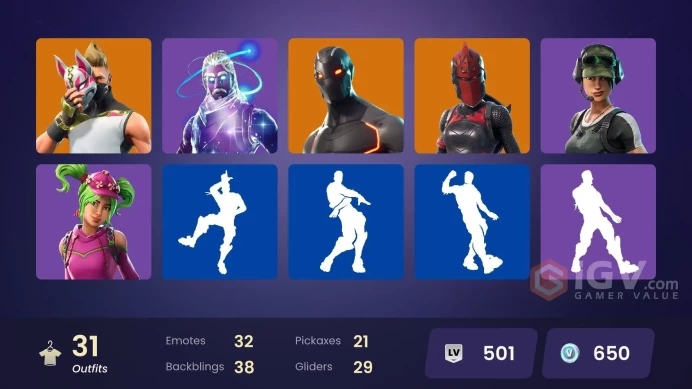 31 skins | Galaxy | Take The L | Omega | Trailblazer | Rogue Agent | Red Knight | Tricera Ops | The Visitor | Carbide | Valor | Rex | Drift