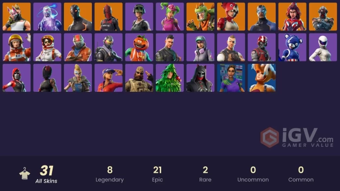 31 skins | Galaxy | Take The L | Omega | Trailblazer | Rogue Agent | Red Knight | Tricera Ops | The Visitor | Carbide | Valor | Rex | Drift