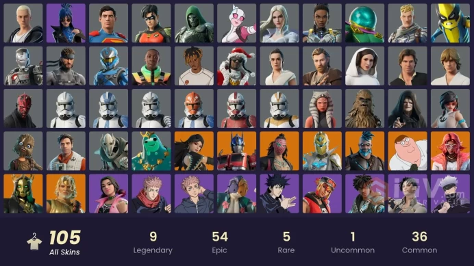 105 skins | Omegarok | Zeus | Peter Griffin | Spectra Knight | Hades | Optimus Prime | Kado Thorne | Valeria | Era | Poseidon | Darth Maul