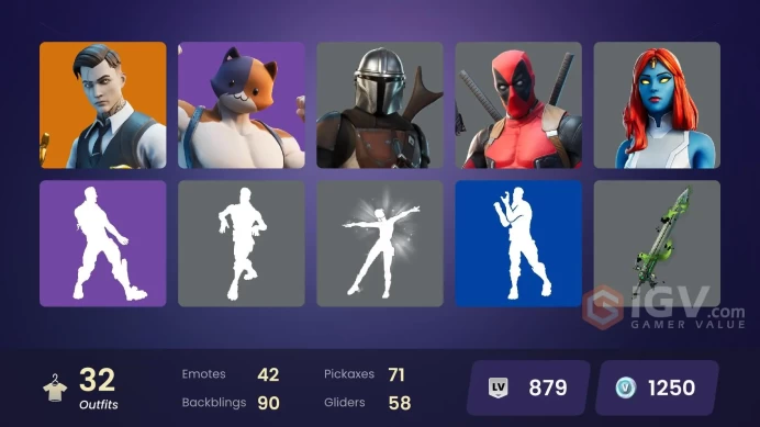 32 skins | Snowflake | Gear Specialist Maya | Kymera | Midas | Mandalorian | Storm | War Machine | Peelverine | Doom | Gwenpool | Deadpool