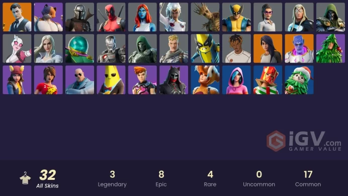 32 skins | Snowflake | Gear Specialist Maya | Kymera | Midas | Mandalorian | Storm | War Machine | Peelverine | Doom | Gwenpool | Deadpool