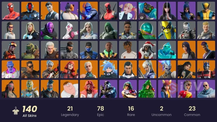 140 skins | Gold Brutus | Gold Midas | The Imagined | Joey | The Ageless | Kymera | Mizuki | Omegarok | Nezumi | Ronin | Peter Griffin